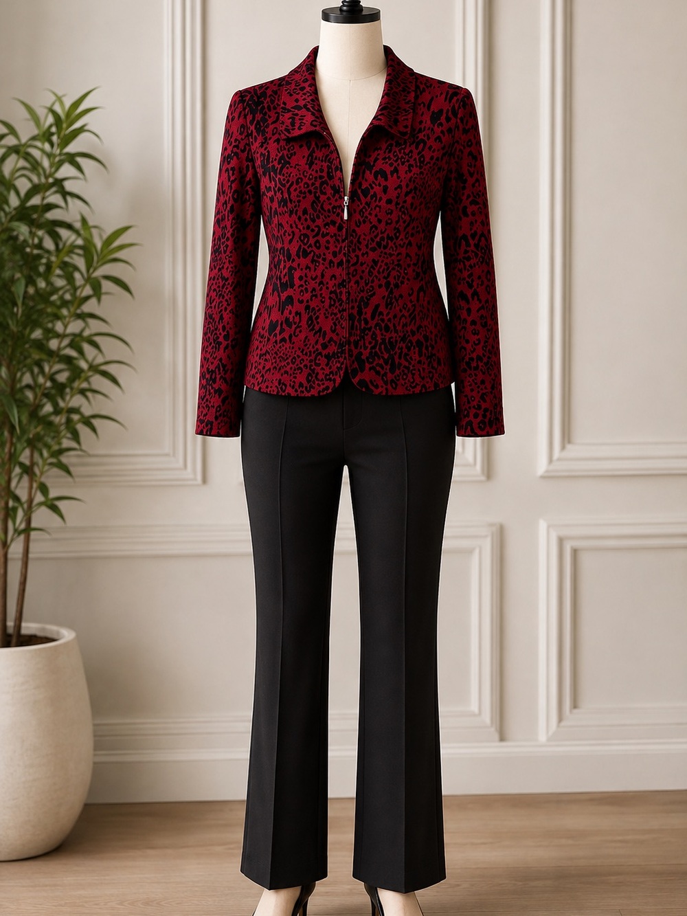 Erin London Red & Black Leopard Print Zip Front Jacket Women’s Size L